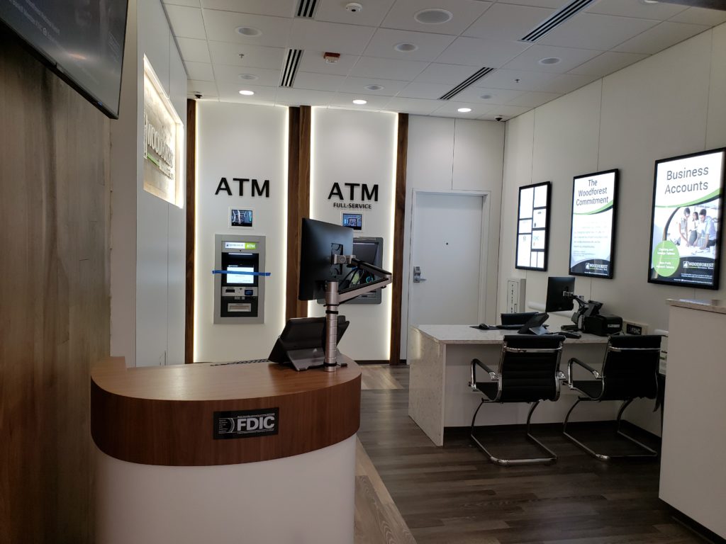 The inside of a Woodforest Bank branch